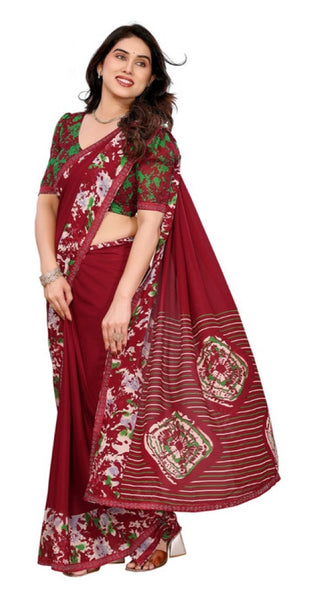 Mayawye Women's Georgette Printed Saree With Unstitched Blouse 5.5Mtr (Red)