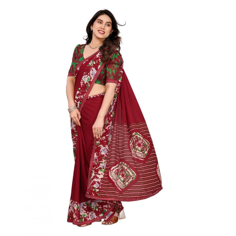 Mayawye Women's Georgette Printed Saree With Unstitched Blouse 5.5Mtr (Red)