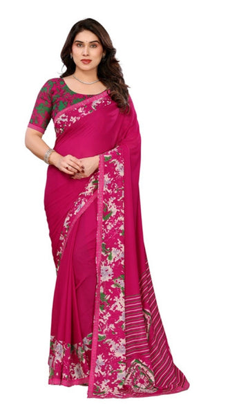 Mayawye Women's Georgette Printed Saree With Unstitched Blouse 5.5Mtr (Pink)