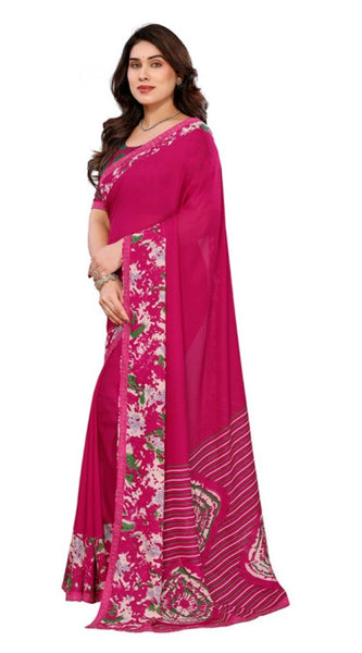 Mayawye Women's Georgette Printed Saree With Unstitched Blouse 5.5Mtr (Pink)