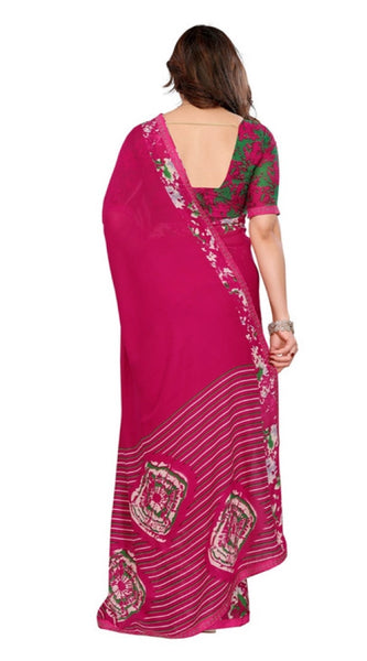 Mayawye Women's Georgette Printed Saree With Unstitched Blouse 5.5Mtr (Pink)