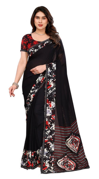 Mayawye Women's Georgette Printed Saree With Unstitched Blouse 5.5Mtr (Black)