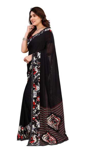 Mayawye Women's Georgette Printed Saree With Unstitched Blouse 5.5Mtr (Black)