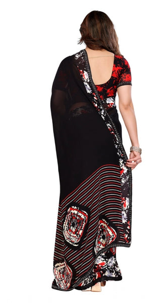 Mayawye Women's Georgette Printed Saree With Unstitched Blouse 5.5Mtr (Black)