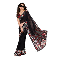 Mayawye Women's Georgette Printed Saree With Unstitched Blouse 5.5Mtr (Black)