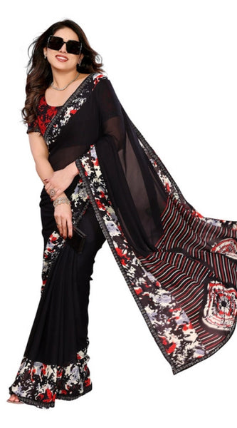 Mayawye Women's Georgette Printed Saree With Unstitched Blouse 5.5Mtr (Black)