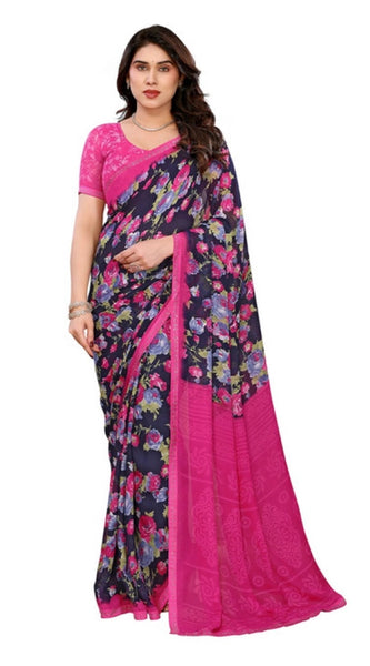 Mayawye Women's Georgette Printed Saree With Unstitched Blouse 5.5Mtr (Blue)