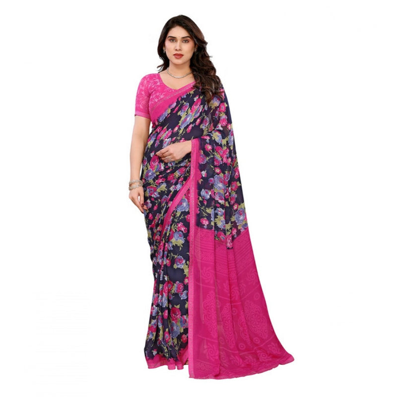 Mayawye Women's Georgette Printed Saree With Unstitched Blouse 5.5Mtr (Blue)
