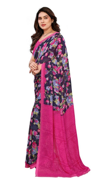 Mayawye Women's Georgette Printed Saree With Unstitched Blouse 5.5Mtr (Blue)