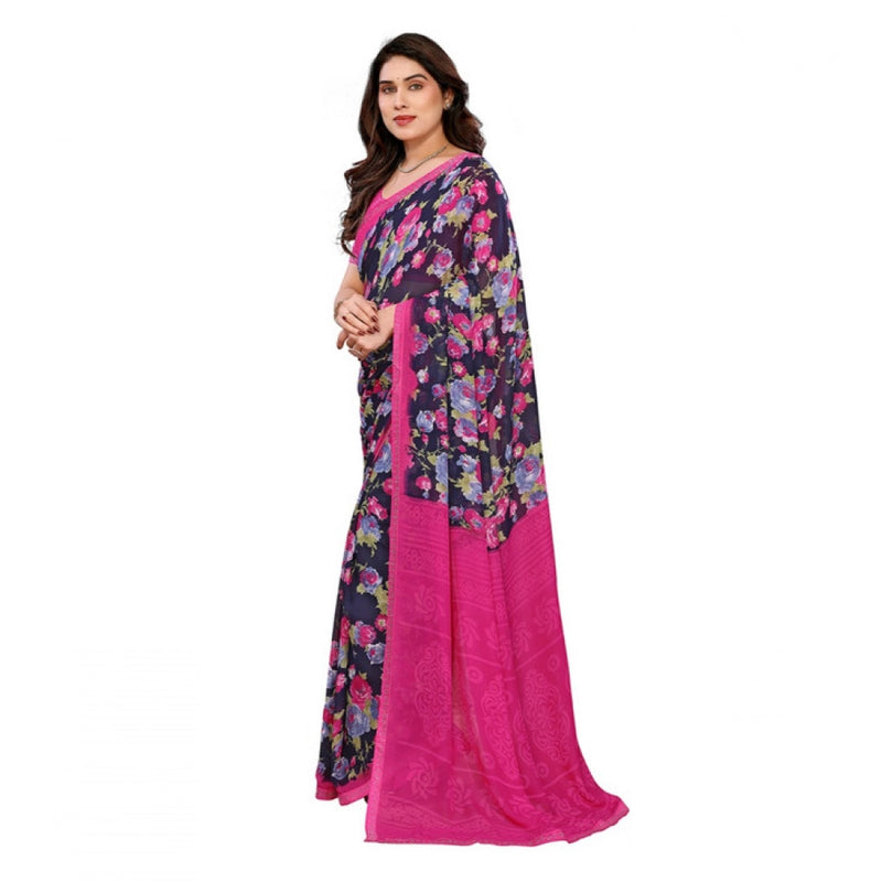 Mayawye Women's Georgette Printed Saree With Unstitched Blouse 5.5Mtr (Blue)