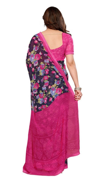 Mayawye Women's Georgette Printed Saree With Unstitched Blouse 5.5Mtr (Blue)