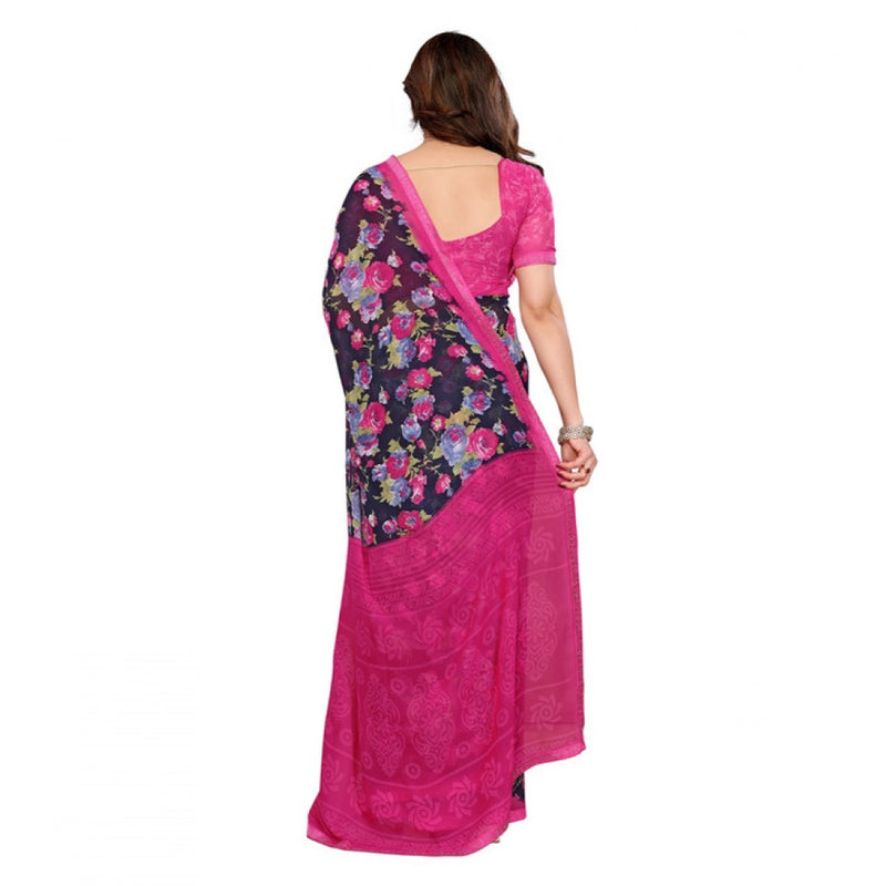 Mayawye Women's Georgette Printed Saree With Unstitched Blouse 5.5Mtr (Blue)