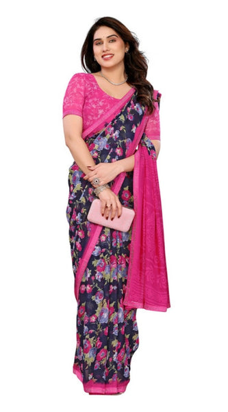 Mayawye Women's Georgette Printed Saree With Unstitched Blouse 5.5Mtr (Blue)