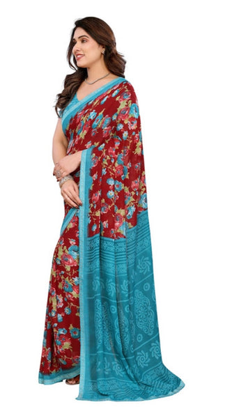 Mayawye Women's Georgette Printed Saree With Unstitched Blouse 5.5Mtr (Maroon)