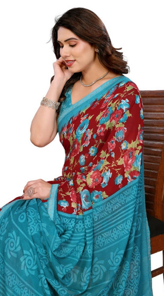 Mayawye Women's Georgette Printed Saree With Unstitched Blouse 5.5Mtr (Maroon)
