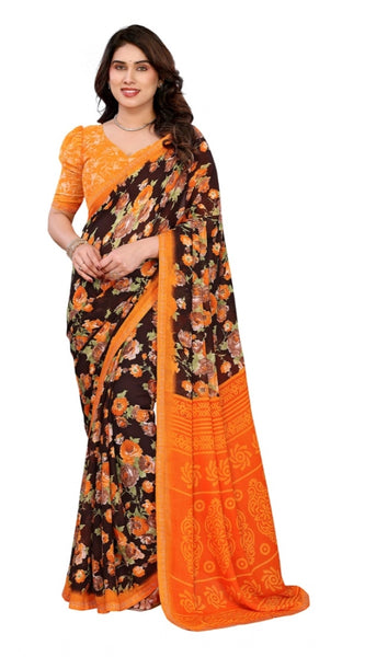 Mayawye Women's Georgette Printed Saree With Unstitched Blouse 5.5Mtr (Mustard)