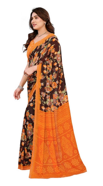 Mayawye Women's Georgette Printed Saree With Unstitched Blouse 5.5Mtr (Mustard)