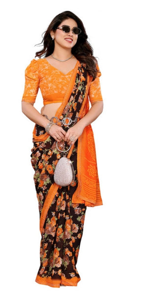 Mayawye Women's Georgette Printed Saree With Unstitched Blouse 5.5Mtr (Mustard)