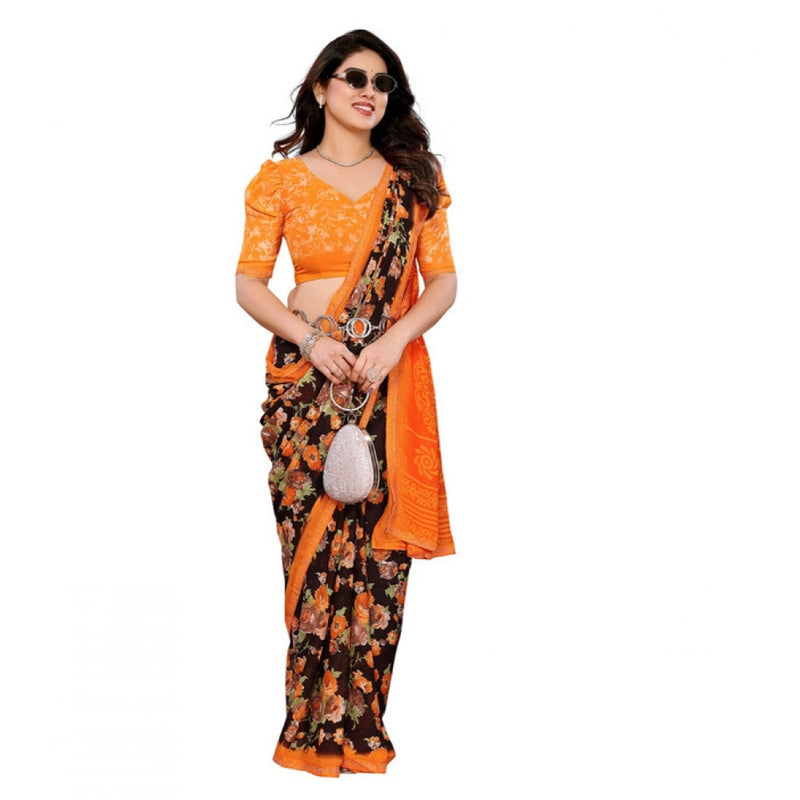 Mayawye Women's Georgette Printed Saree With Unstitched Blouse 5.5Mtr (Mustard)
