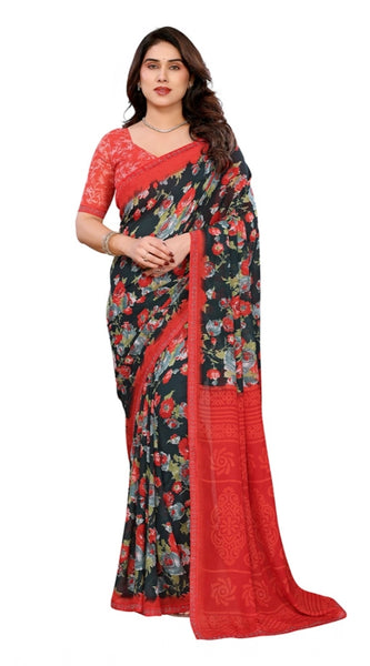 Mayawye Women's Georgette Printed Saree With Unstitched Blouse 5.5Mtr (Green)