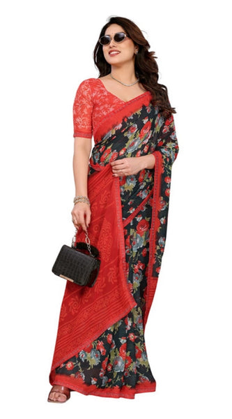 Mayawye Women's Georgette Printed Saree With Unstitched Blouse 5.5Mtr (Green)