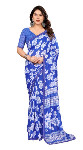 Mayawye Women's Georgette Printed Saree With Unstitched Blouse 5.5Mtr (Blue)