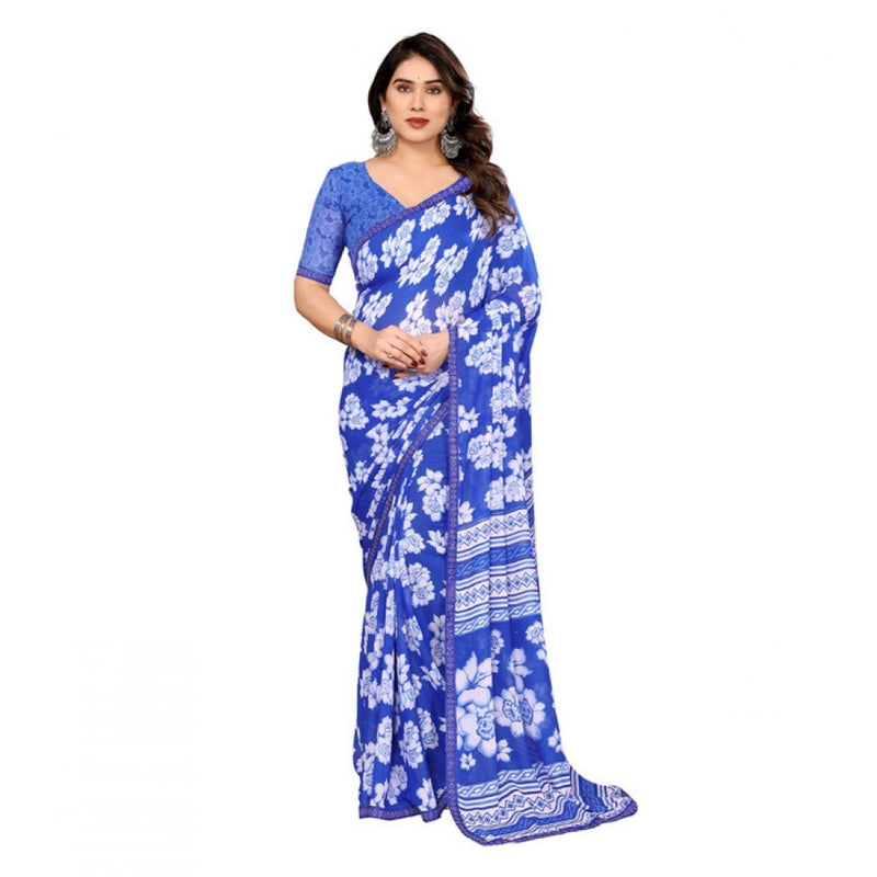 Mayawye Women's Georgette Printed Saree With Unstitched Blouse 5.5Mtr (Blue)