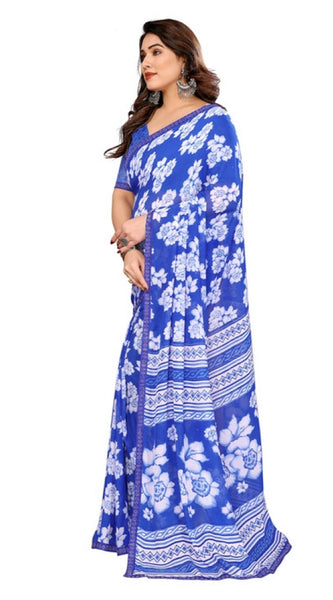 Mayawye Women's Georgette Printed Saree With Unstitched Blouse 5.5Mtr (Blue)
