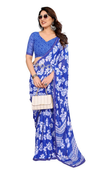 Mayawye Women's Georgette Printed Saree With Unstitched Blouse 5.5Mtr (Blue)