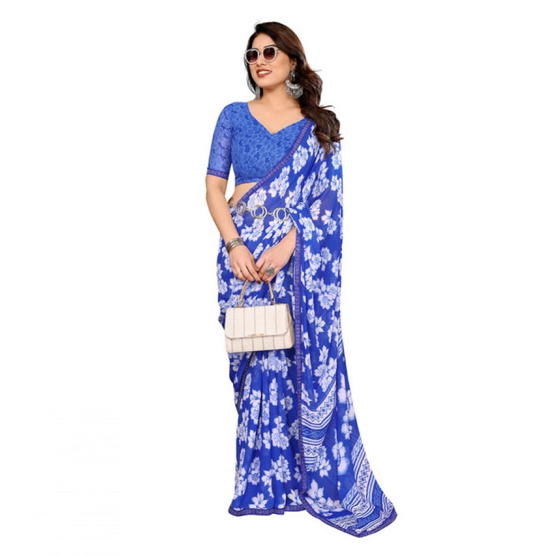 Mayawye Women's Georgette Printed Saree With Unstitched Blouse 5.5Mtr (Blue)