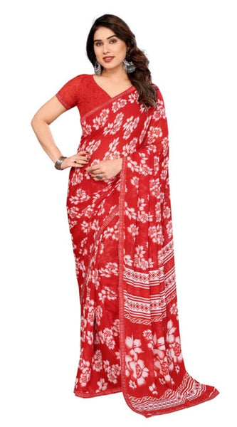 Mayawye Women's Georgette Printed Saree With Unstitched Blouse 5.5Mtr (Red)