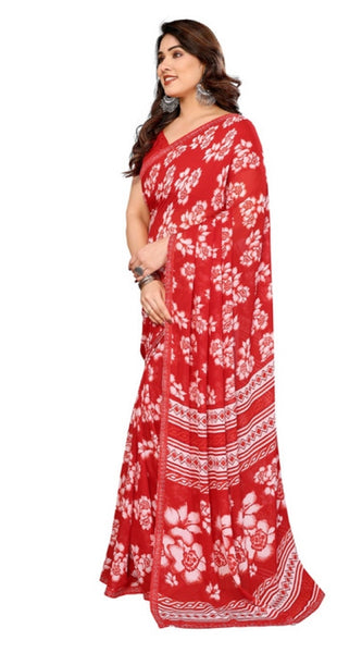 Mayawye Women's Georgette Printed Saree With Unstitched Blouse 5.5Mtr (Red)
