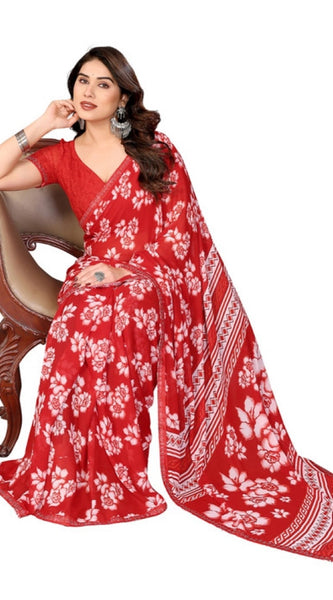 Mayawye Women's Georgette Printed Saree With Unstitched Blouse 5.5Mtr (Red)