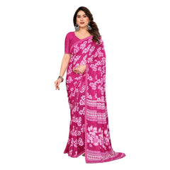 Mayawye Women's Georgette Printed Saree With Unstitched Blouse 5.5Mtr (Pink)