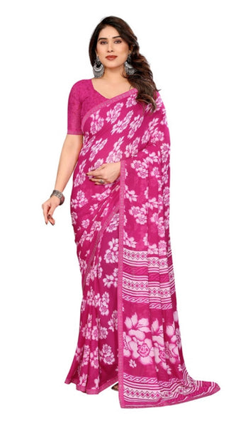 Mayawye Women's Georgette Printed Saree With Unstitched Blouse 5.5Mtr (Pink)