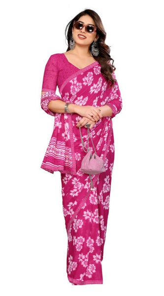 Mayawye Women's Georgette Printed Saree With Unstitched Blouse 5.5Mtr (Pink)