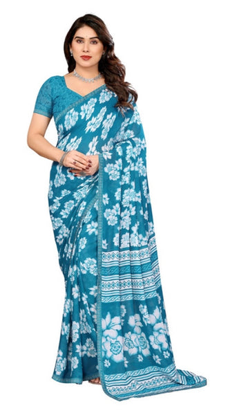 Mayawye Women's Georgette Printed Saree With Unstitched Blouse 5.5Mtr (Sky Blue)