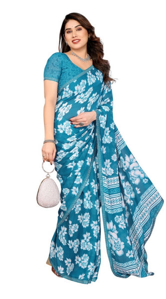 Mayawye Women's Georgette Printed Saree With Unstitched Blouse 5.5Mtr (Sky Blue)
