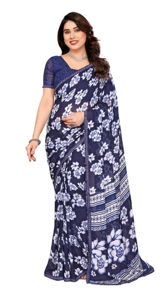 Mayawye Women's Georgette Printed Saree With Unstitched Blouse 5.5Mtr (Blue)