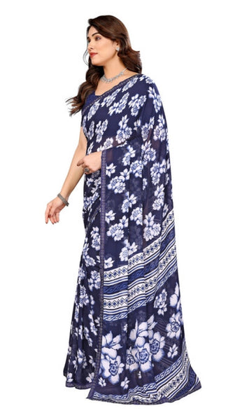 Mayawye Women's Georgette Printed Saree With Unstitched Blouse 5.5Mtr (Blue)