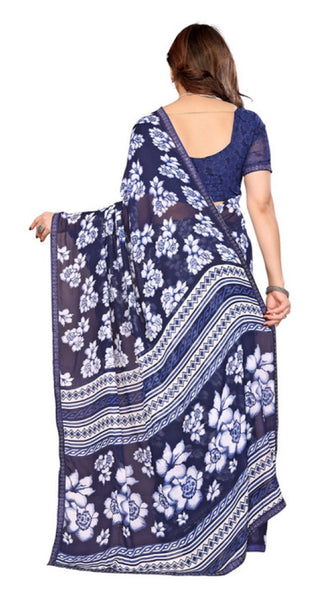 Mayawye Women's Georgette Printed Saree With Unstitched Blouse 5.5Mtr (Blue)