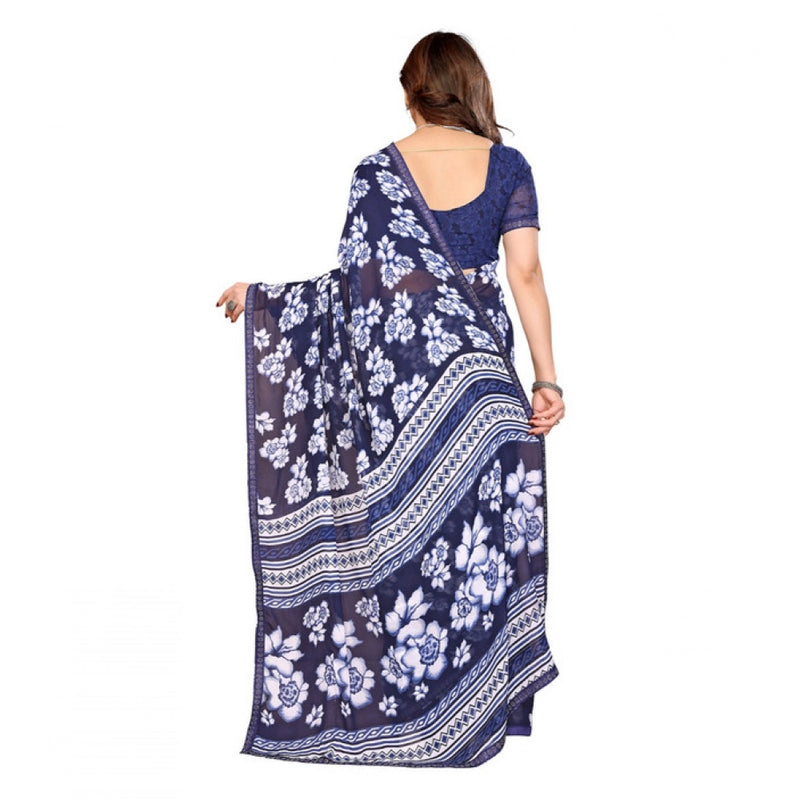 Mayawye Women's Georgette Printed Saree With Unstitched Blouse 5.5Mtr (Blue)