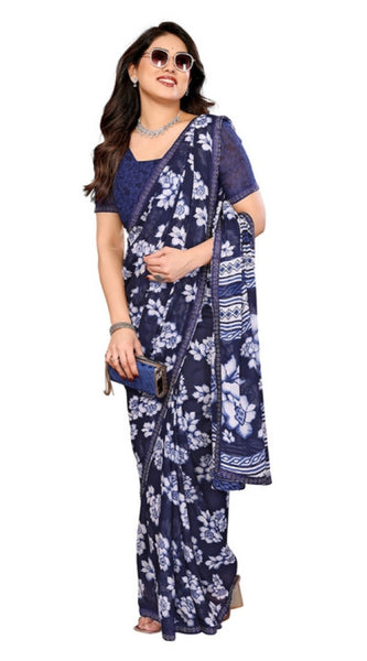 Mayawye Women's Georgette Printed Saree With Unstitched Blouse 5.5Mtr (Blue)