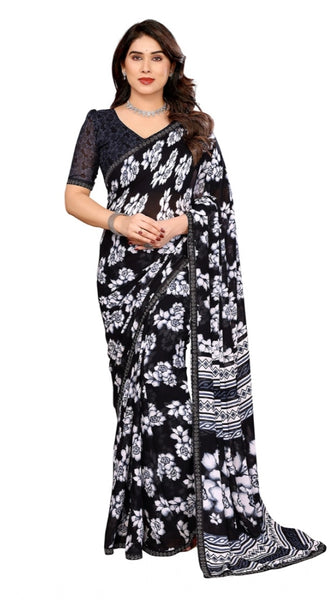 Mayawye Women's Georgette Printed Saree With Unstitched Blouse 5.5Mtr (Black)