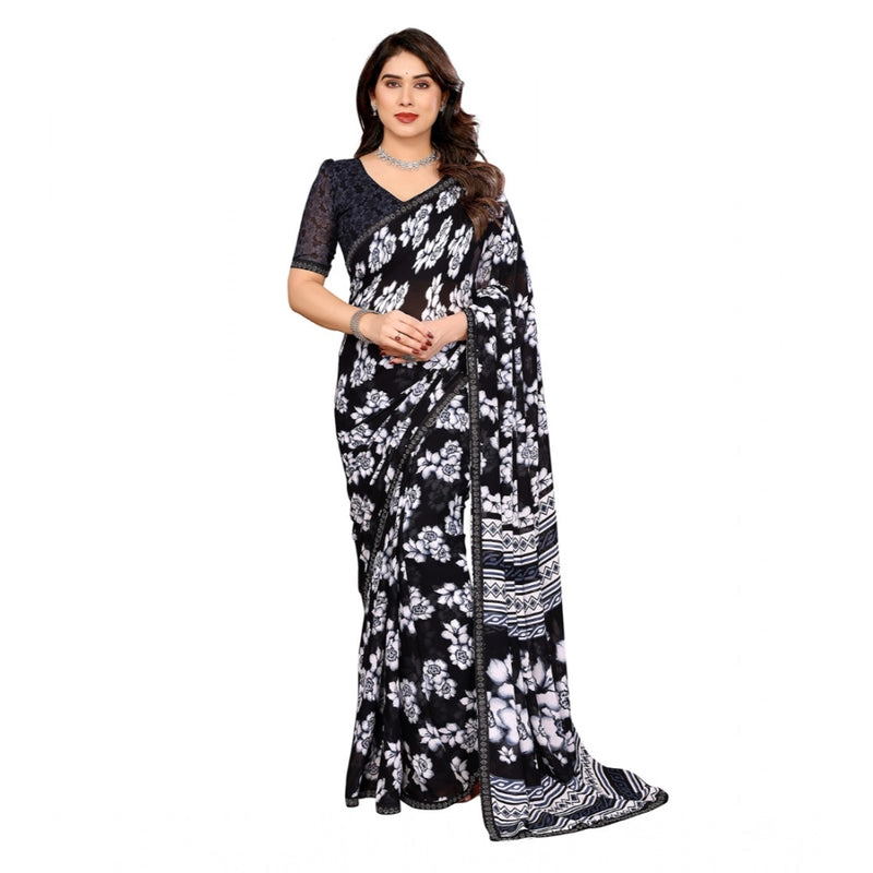 Mayawye Women's Georgette Printed Saree With Unstitched Blouse 5.5Mtr (Black)