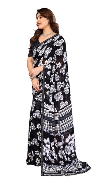 Mayawye Women's Georgette Printed Saree With Unstitched Blouse 5.5Mtr (Black)