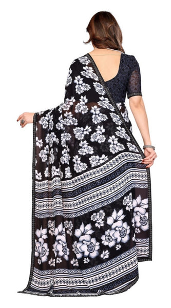Mayawye Women's Georgette Printed Saree With Unstitched Blouse 5.5Mtr (Black)