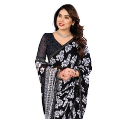 Mayawye Women's Georgette Printed Saree With Unstitched Blouse 5.5Mtr (Black)