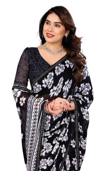 Mayawye Women's Georgette Printed Saree With Unstitched Blouse 5.5Mtr (Black)