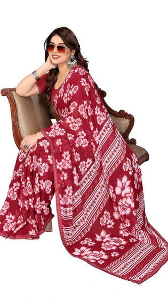 Mayawye Women's Georgette Printed Saree With Unstitched Blouse 5.5Mtr (Red)